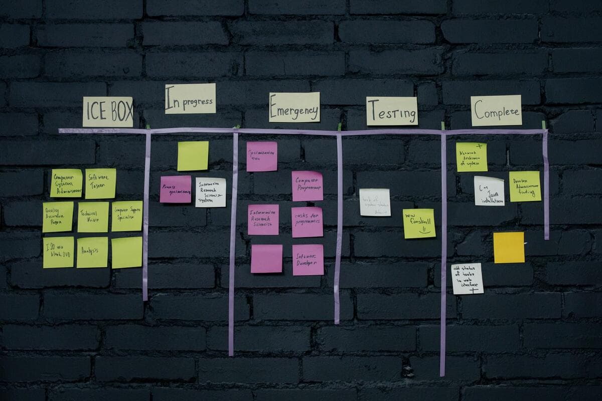 Daily assíncrona: quando trocar a chamada por texto Quadro kanban com notas autoadesivas coloridas organizando tarefas