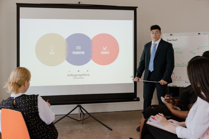 Freelancer de apresentações: como vender slides Professional business meeting with a presentation using visual infographics on a projector screen.