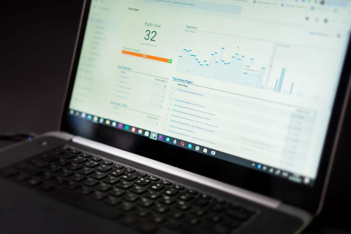 Profissional analisando dados de SEO em um notebook no home office.